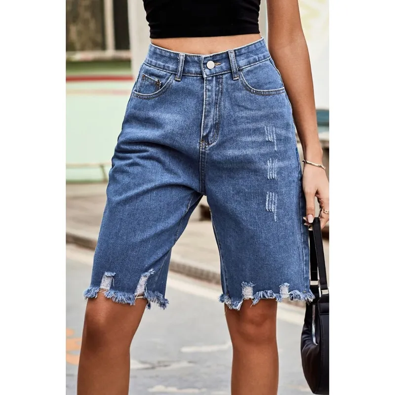 Raw-Hem High-Waist Denim Shorts with Pockets