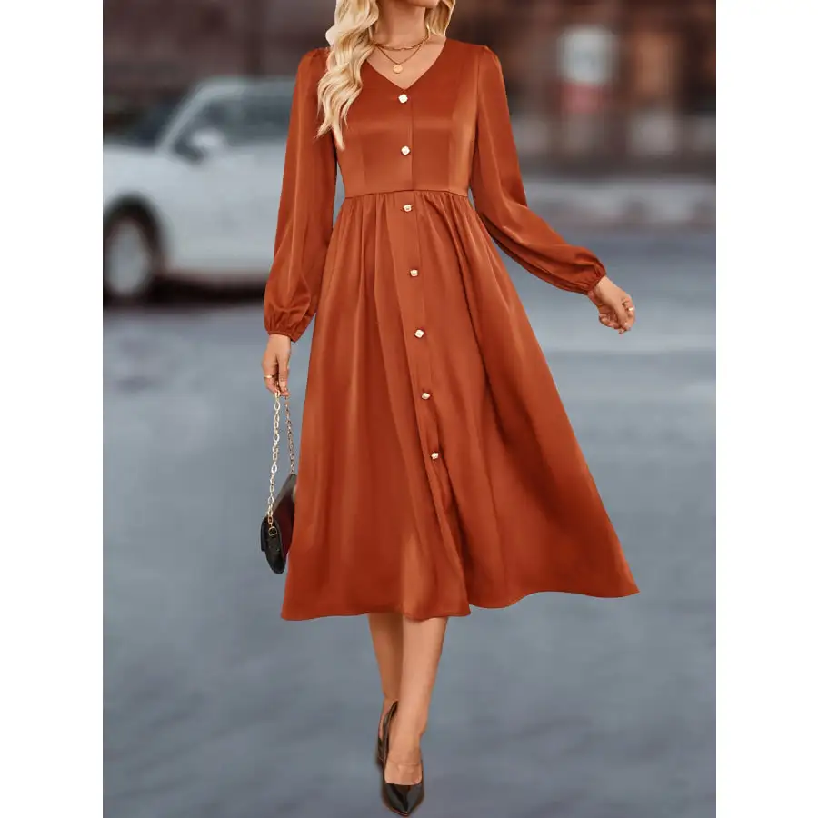 V-Neck Balloon Sleeve Midi Dress