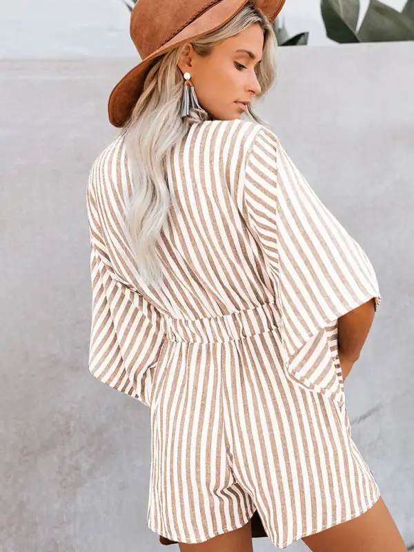 Slim Waist Striped Deep V Trumpet Jumpsuit