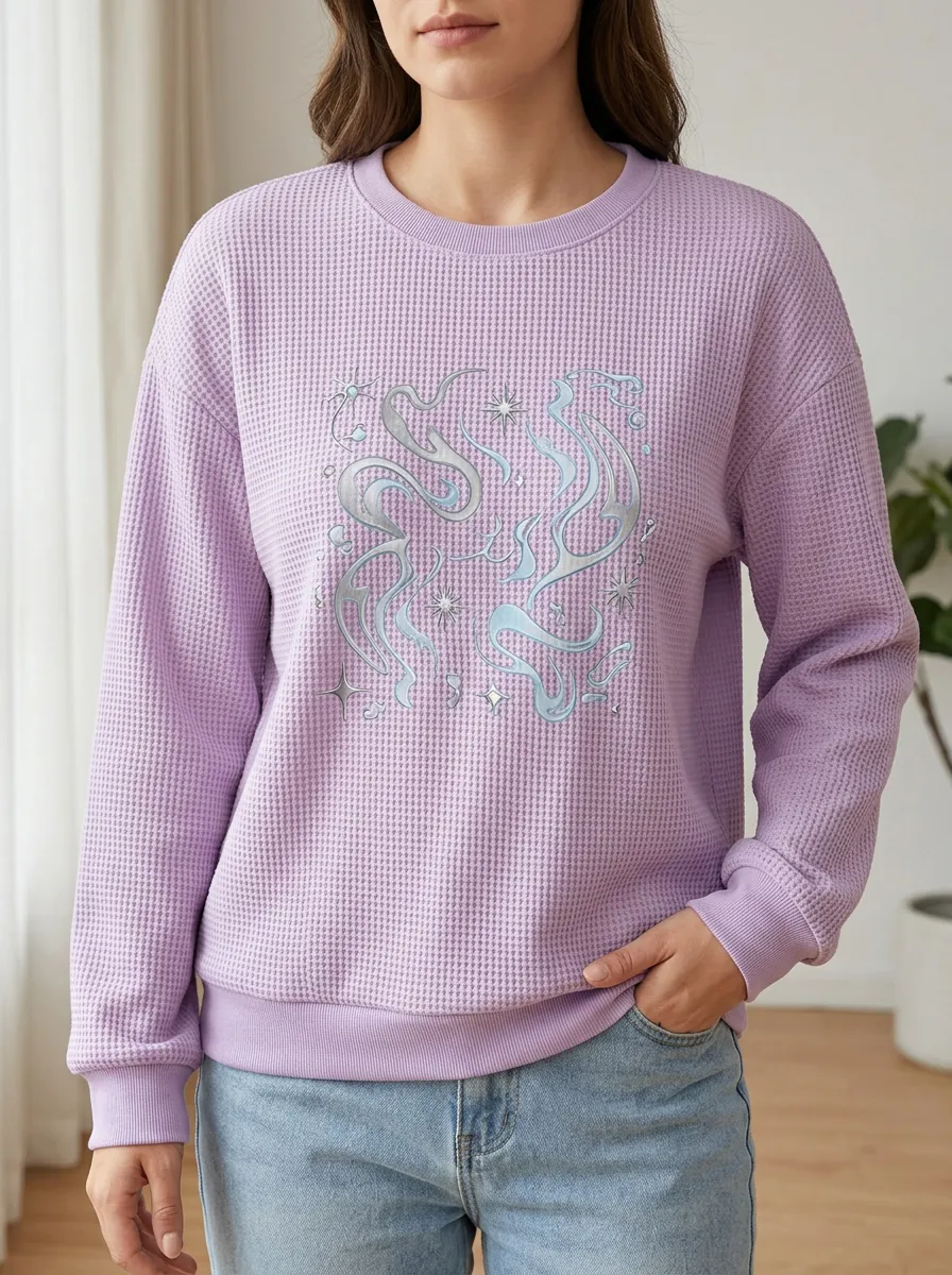 Women's Y2K Celestial Swirl Star Printed Waffle Knit Sweatshirt