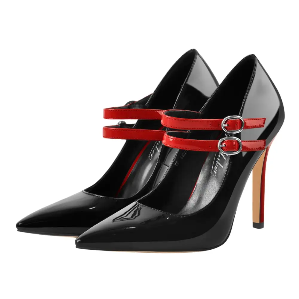 Patent Finish Pointed Toe Stiletto Buckle Strap Pumps