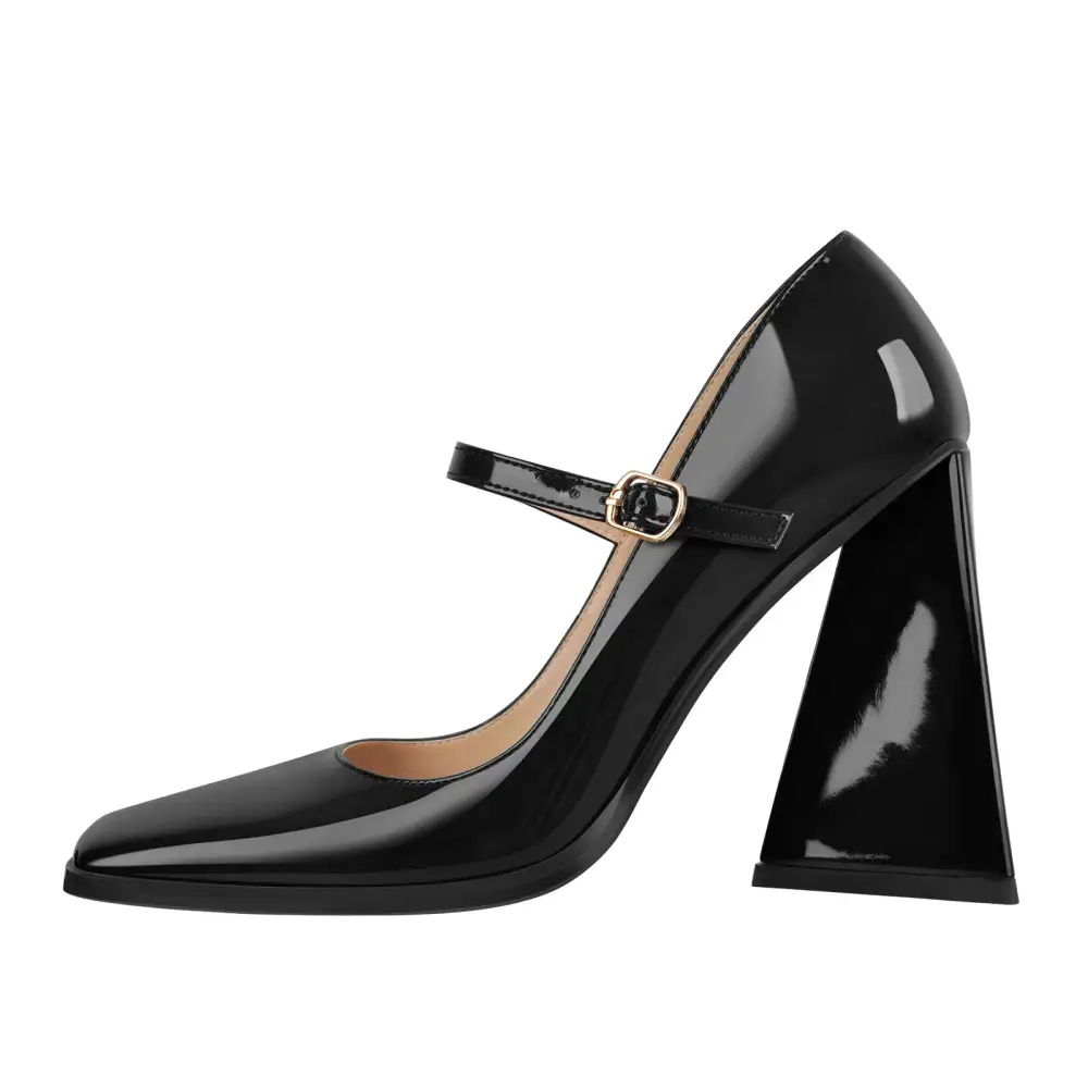 Patent Finish Square Toe Chunky Heel Pumps