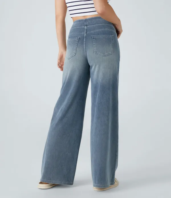 2026🔥 Magic High Waisted Multiple Pockets Wide Leg Washed Stretchy Knit Casual Jeans