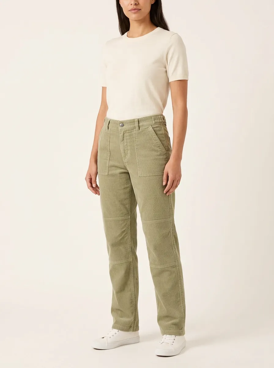 Women's Reinforced-Knee Patch-Pocket Straight-Leg Corduroy Pants