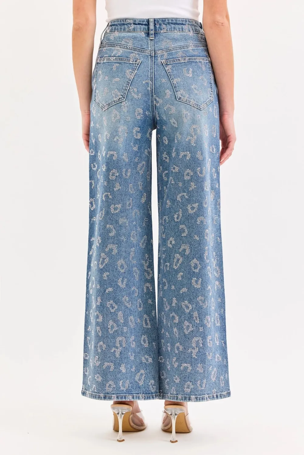 Cheetah Print Embellished Wide Leg Jeans