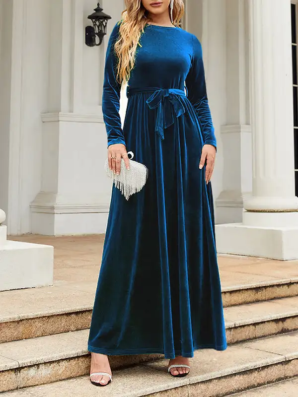 Pleated Wrap Belted Long Neck Maxi Dress