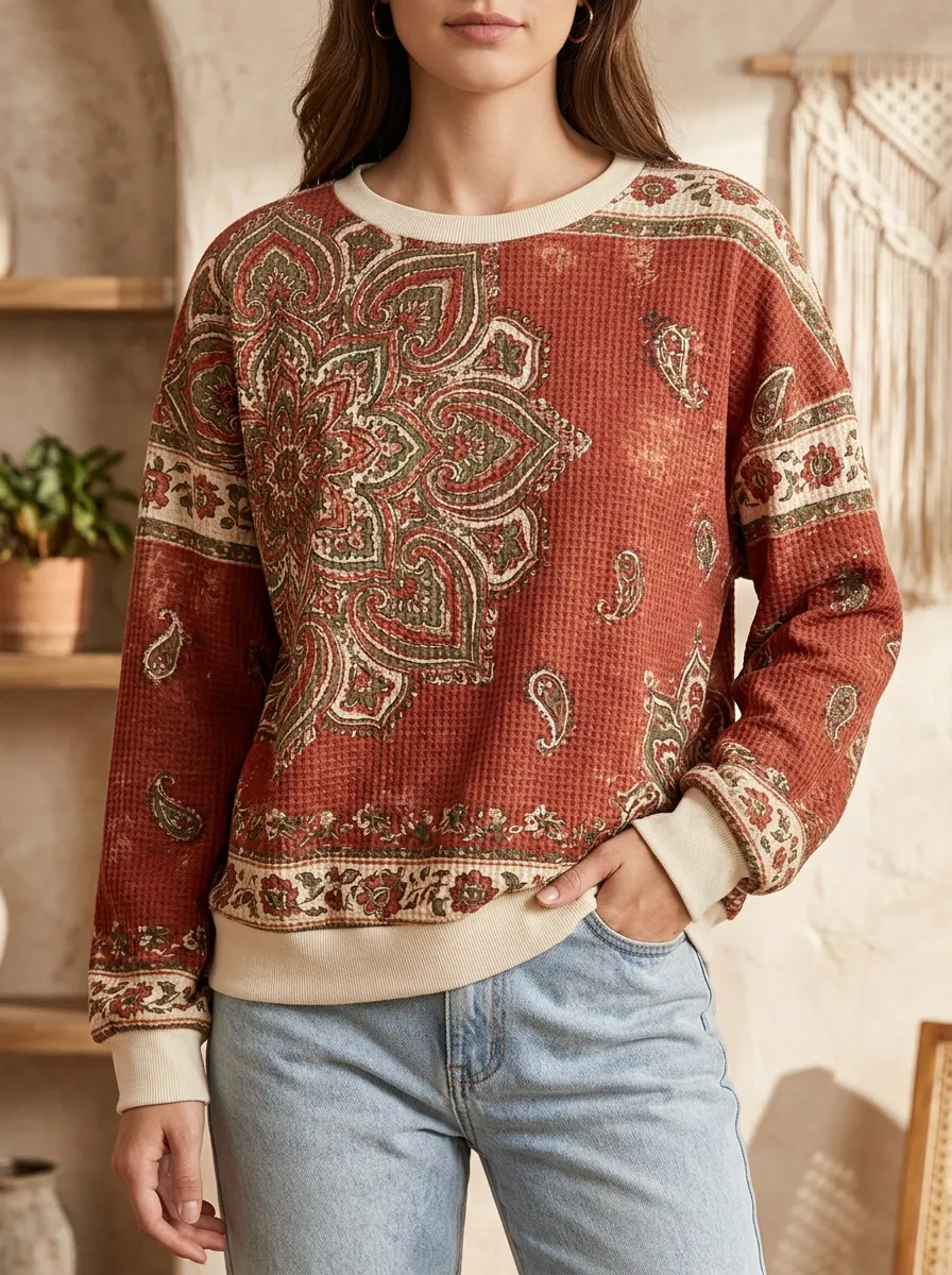 Women's Printed Boho Paisley Floral Waffle Knit Crewneck Sweatshirt