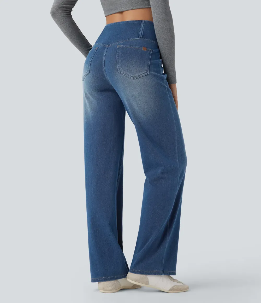 High-waisted, relaxed, crossover straight-leg jeans with  pockets