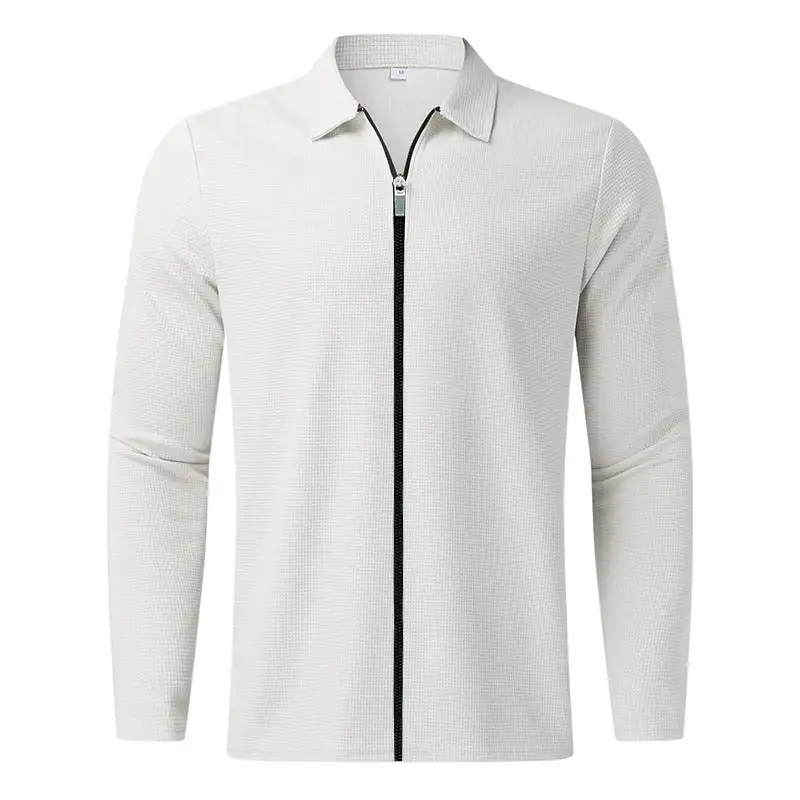 Waffle Texture Long Sleeve Fine Knit Polo Shirt