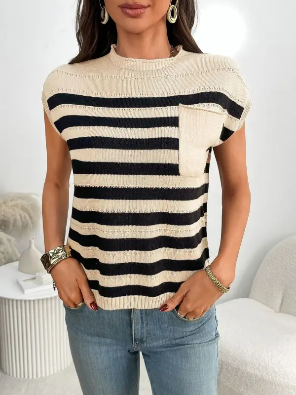 Striped Knit Pocket Detail Cap Sleeve Sweater