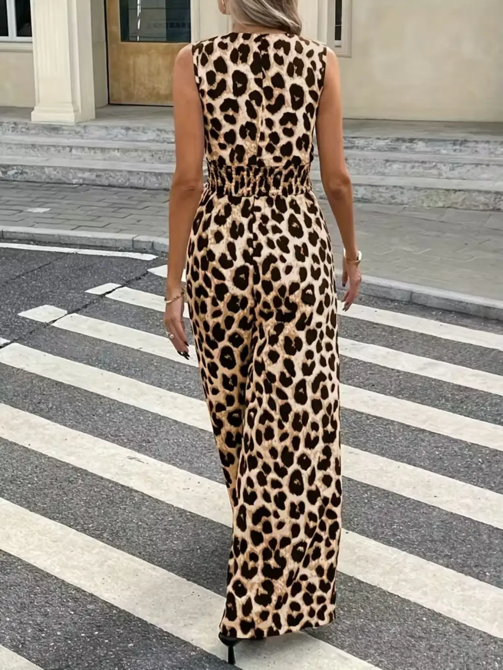 Sleeveless V Neck Leopard Print Wide Jumpsuit
