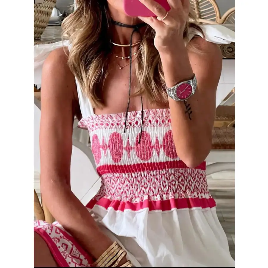 Smocked Printed Tie Shoulder Maxi Dress