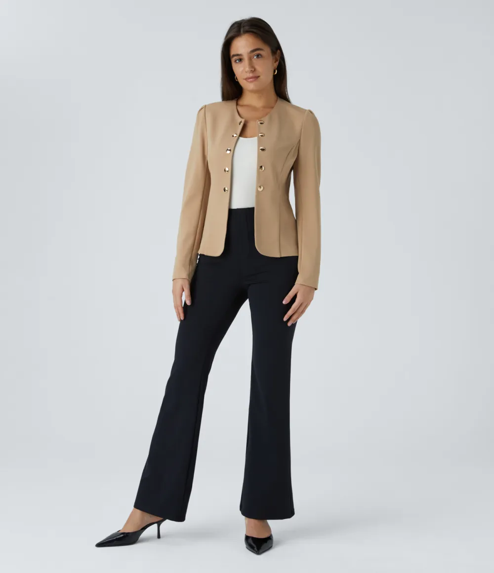 Round Neck Long Sleeve Decorative Buttons Slim Work Jacket
