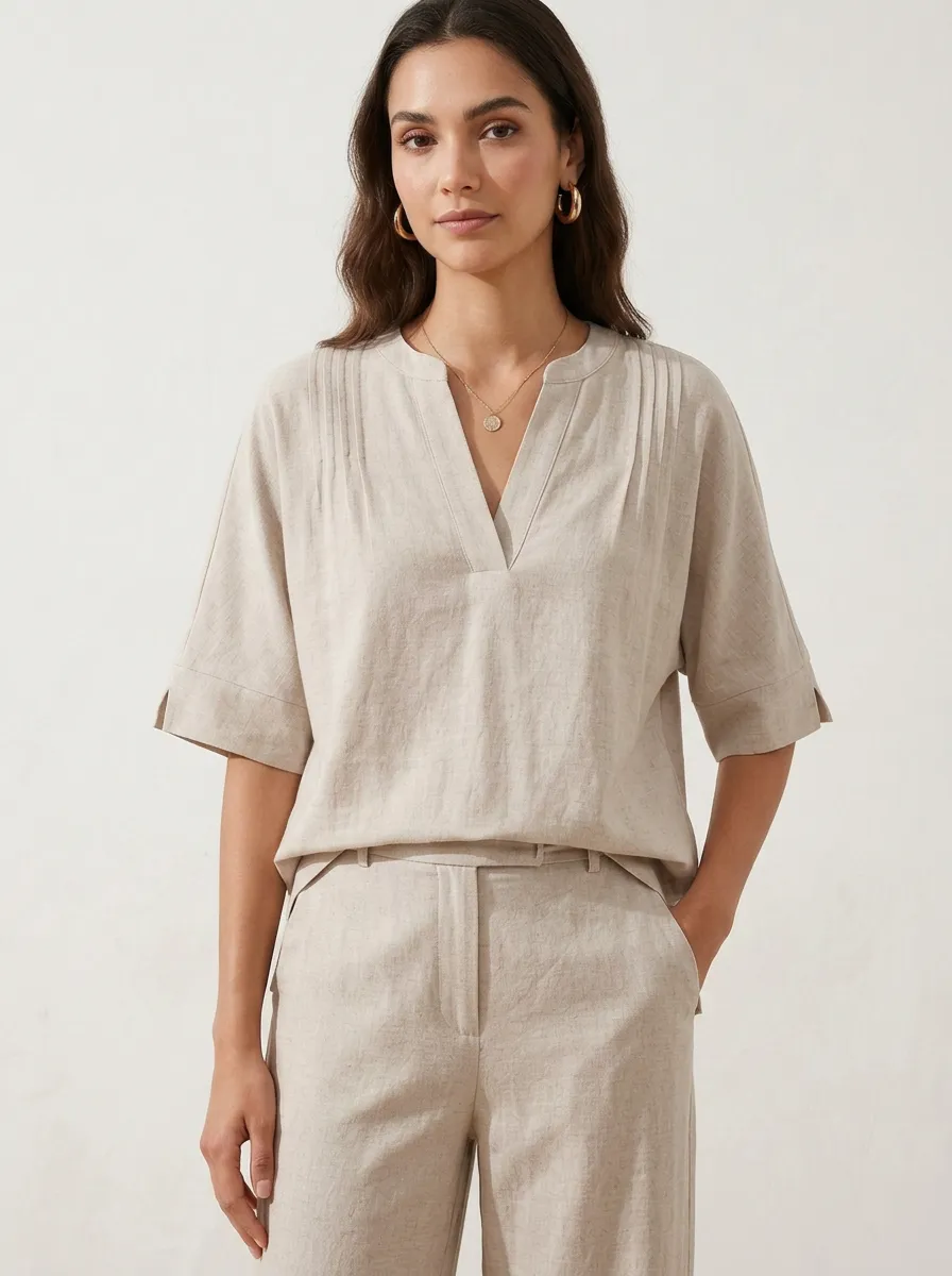 Short-Sleeve Linen-Blend Pleated Women's V-Neck Casual Lounge Set
