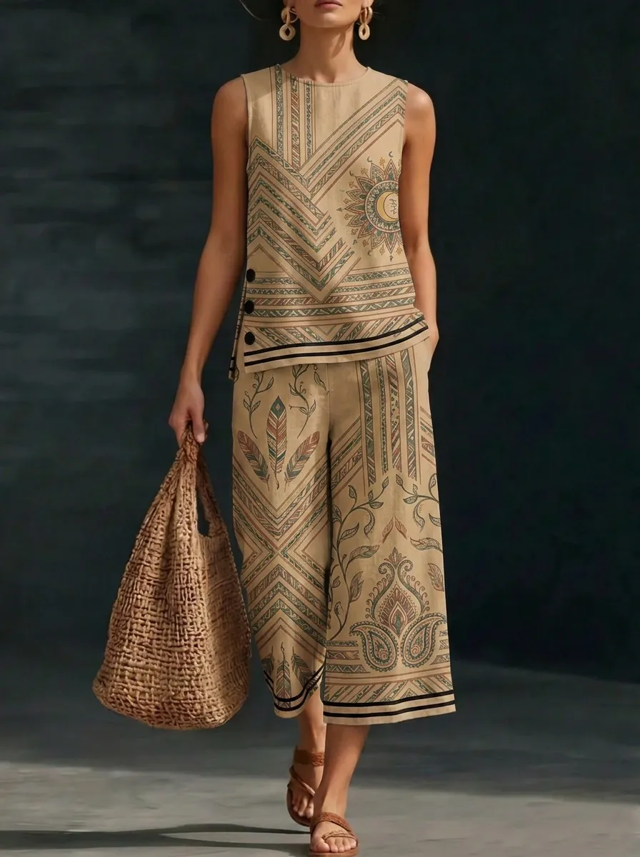 Women's Boho Geometric Sun Feather Printed Sleeveless Set