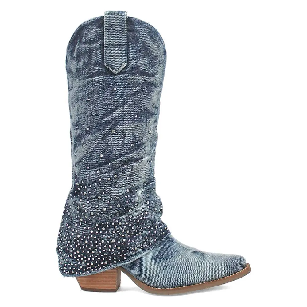 Denim Rhinestone Chunky-Heel Platform Western Boots
