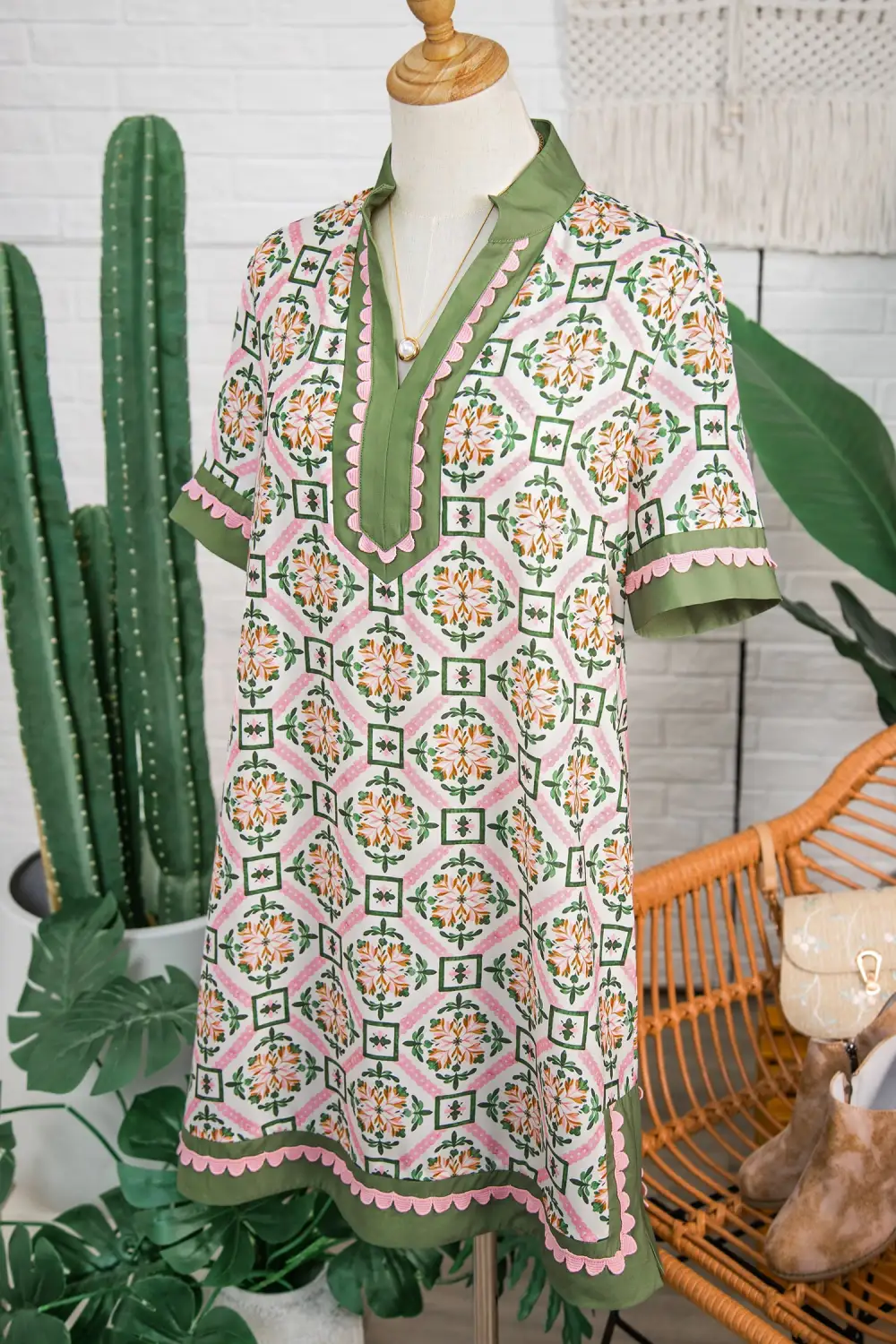 Floral Geometric Print Short Sleeve Mini Dress