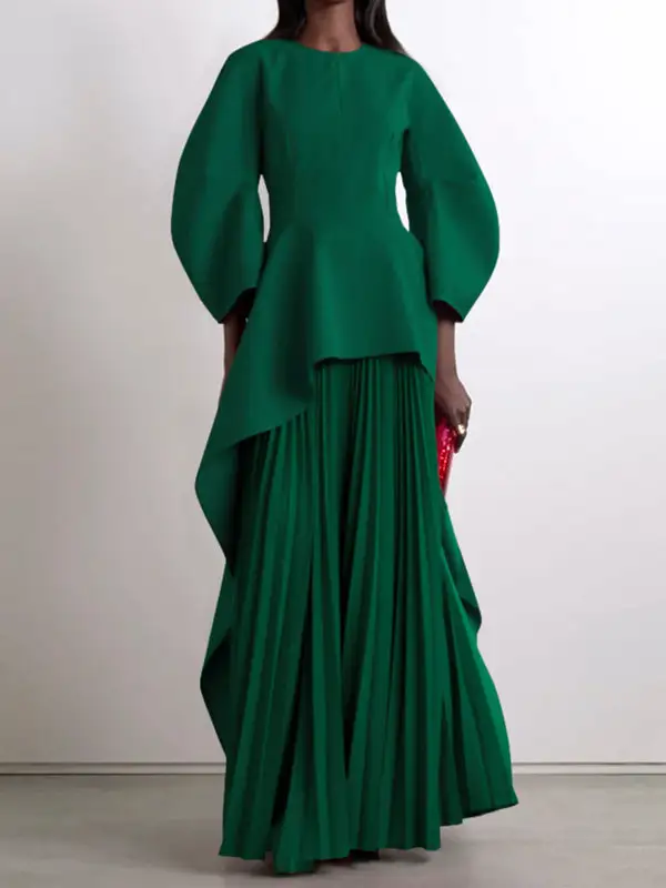 Tiered Pleated Long Neck Maxi Dress