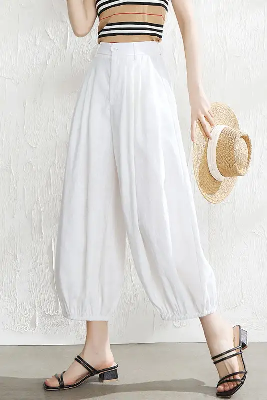 Modern Linen Wide Leg Elastic Waist Pocketed Trousers