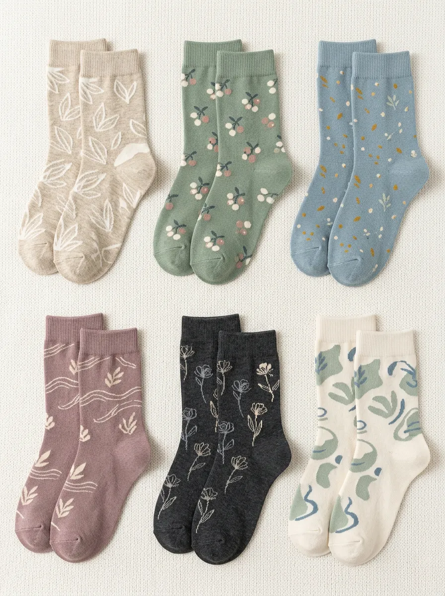 Women's Six-Pair Botanical Graphic Crew Sock Set