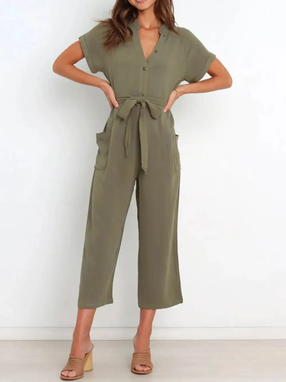 Notched Short Sleeve Tie Waist Jumpsuit Shorts