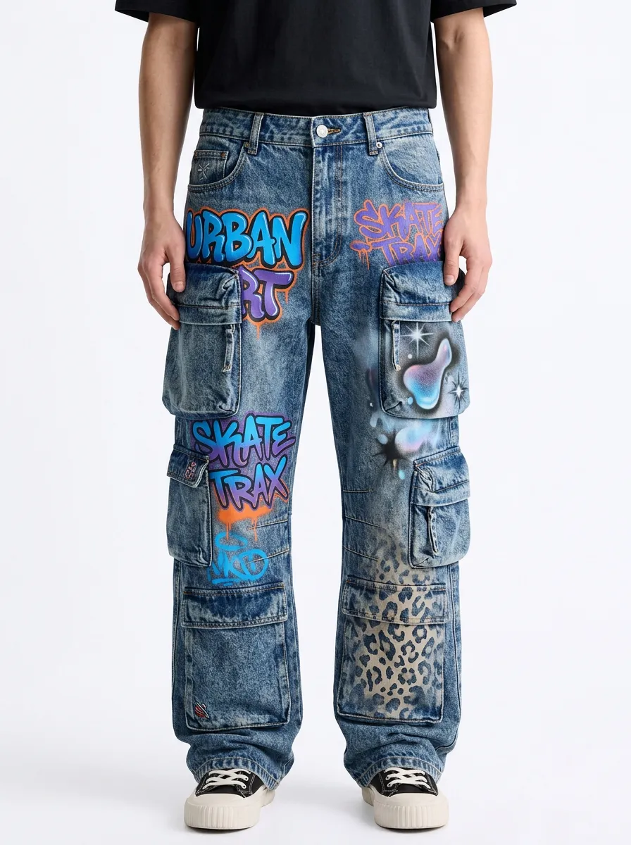 Men's Streetwear Graffiti Skate Trax Leopard Graphic Cargo Jeans