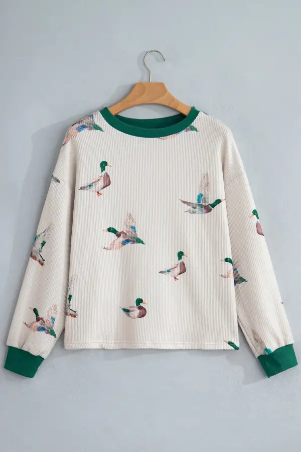 Western Print Ribbed Relaxed Stretch Fabric Long Sleeve Top