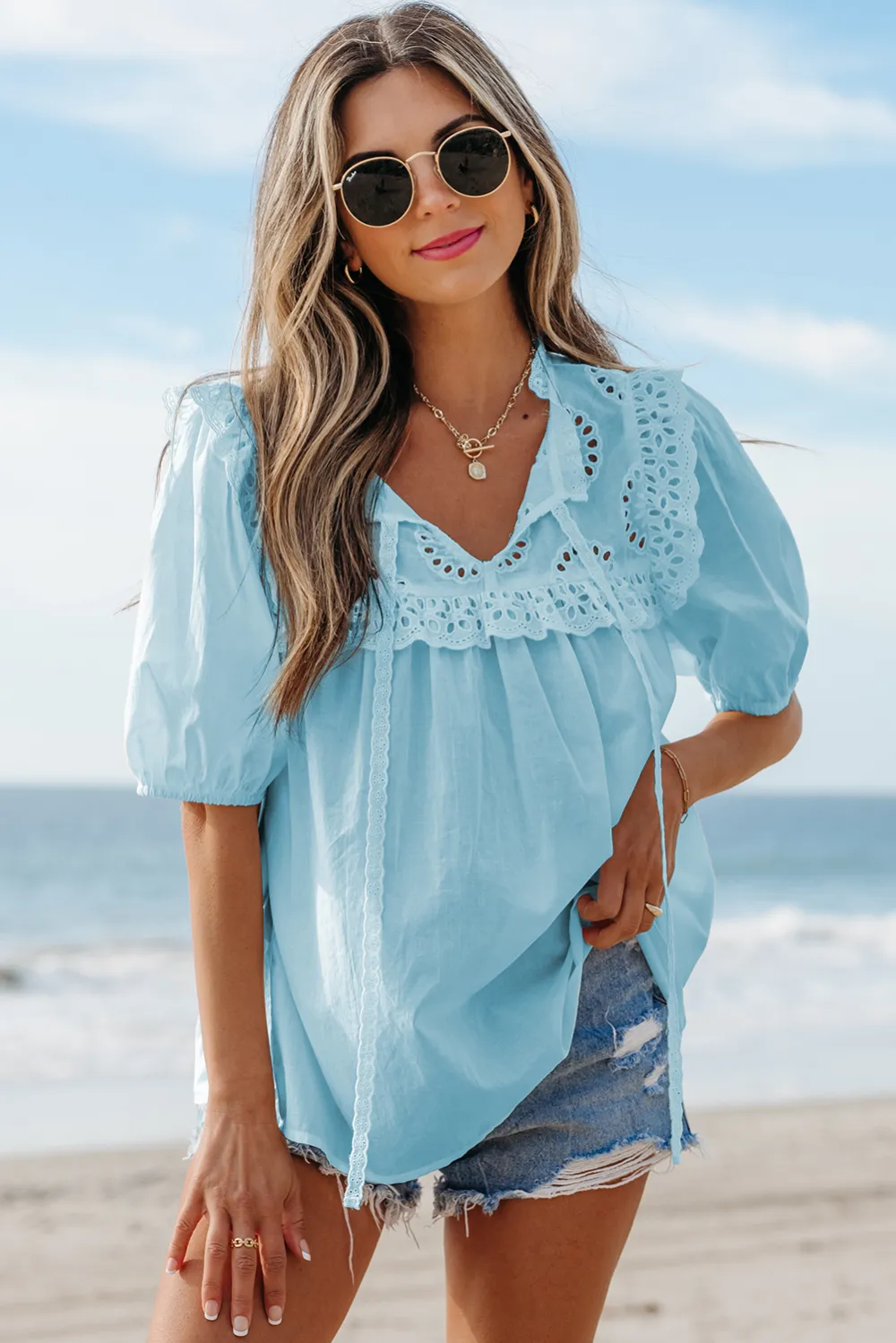 Mist Blue Embroidered Lace Patchwork Blouse