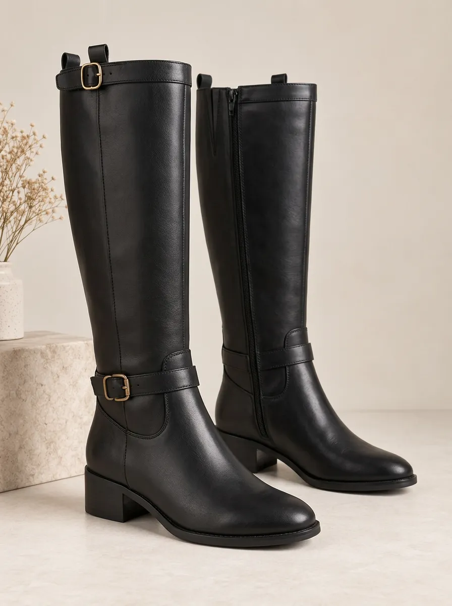 Women's Buckle Strap Graphic Detail Equestrian Inspired Knee High Boots