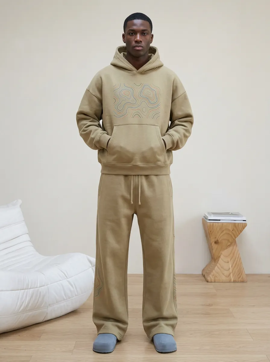 Men's Minimalist Abstract Topographic Printed Hoodie Sweatpants Set