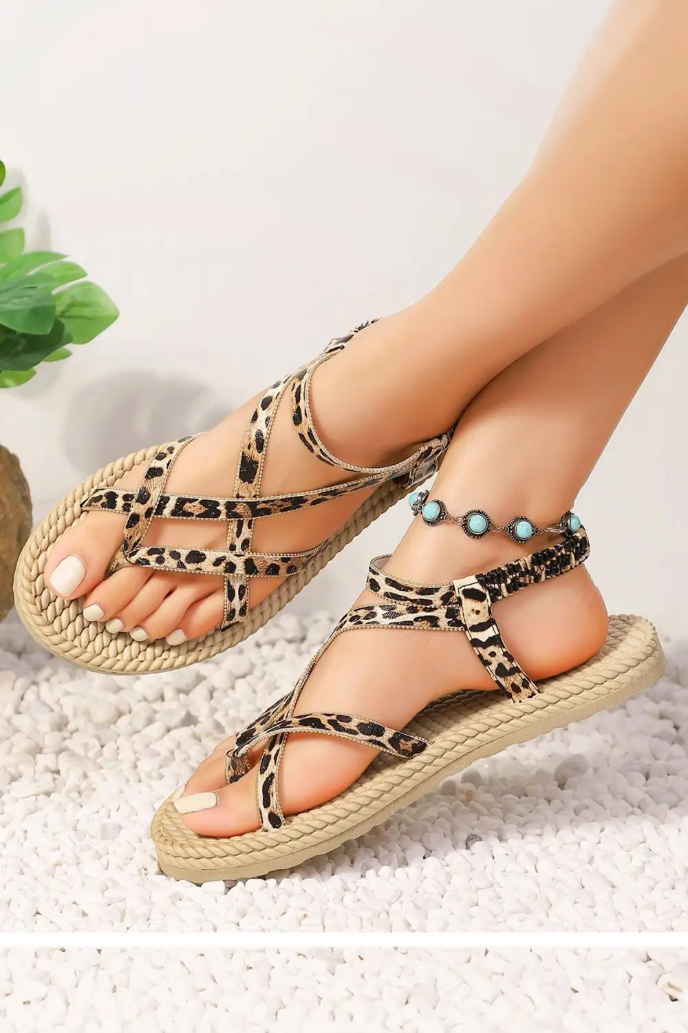 Boho Leopard Caged Strappy Flat Sandals