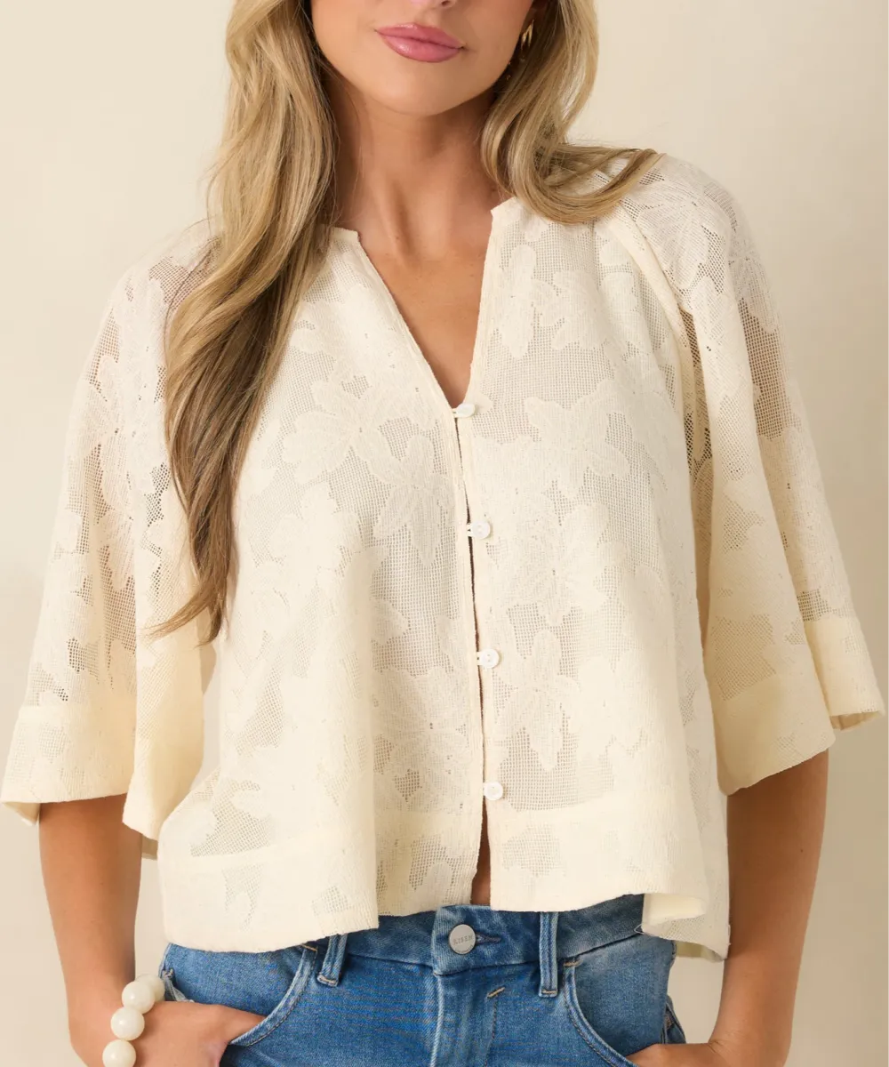 Button-Front Short-Sleeve Cropped V-Neck Blouse