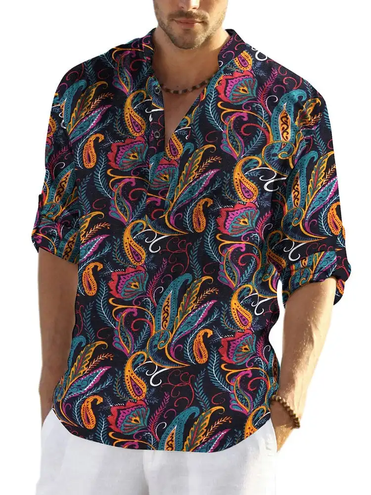 Cotton Linen Printed Henley Shirt