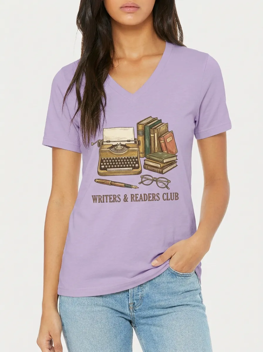 Women's Book Lover Writers & Readers Club Typewriter Printed V-neck T-shirt