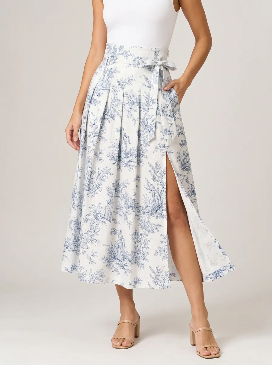 Women's Vintage Toile de Jouy Floral Printed Midi Skirt