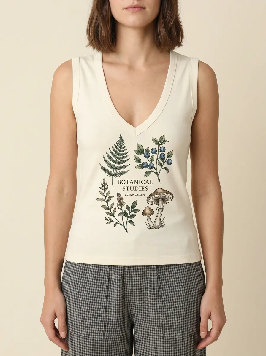 Women's Nature Botanical Studies Mushroom Fern Graphic Tank Top