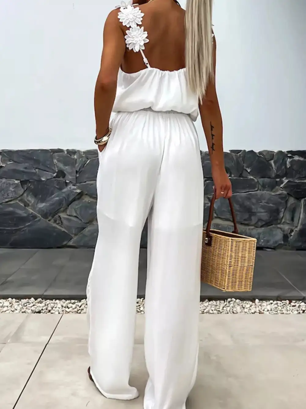 Floral Applique V Neck Wide Leg Jumpsuit