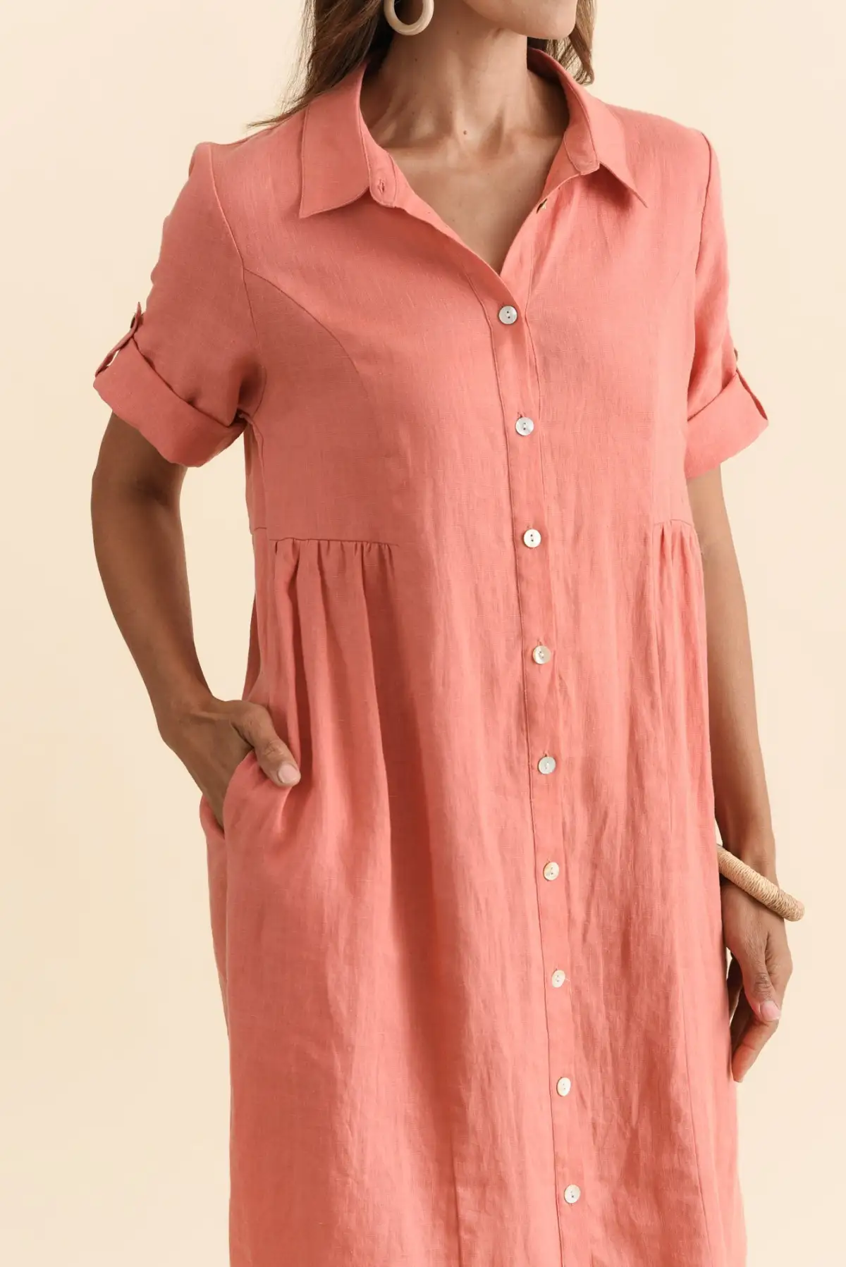 Knee-Length Linen Pocket Collared Half-Sleeve A-Line Dress