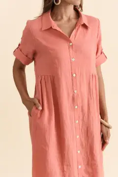 Knee-Length Linen Pocket Collared Half-Sleeve A-Line Dress