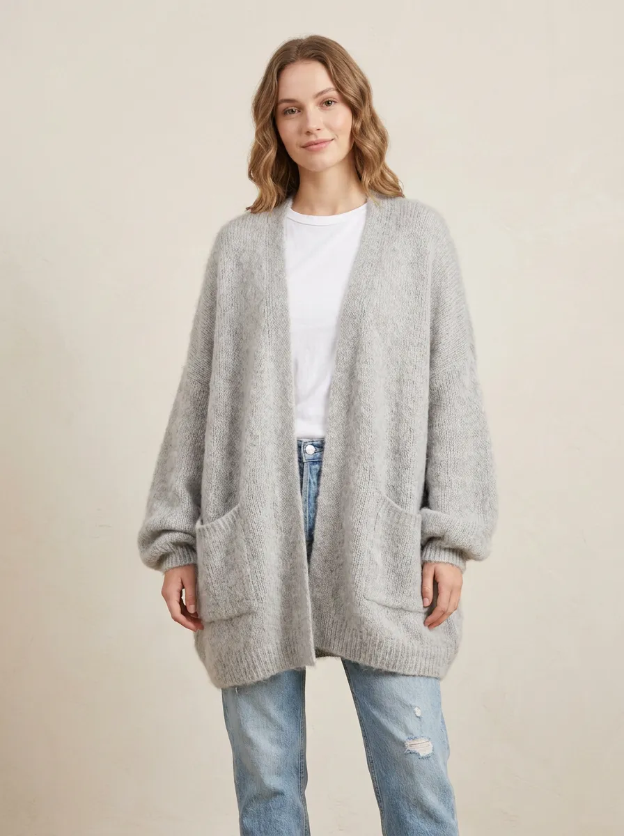 Women's Casual Minimalist Grey Oversized Knit Cardigan