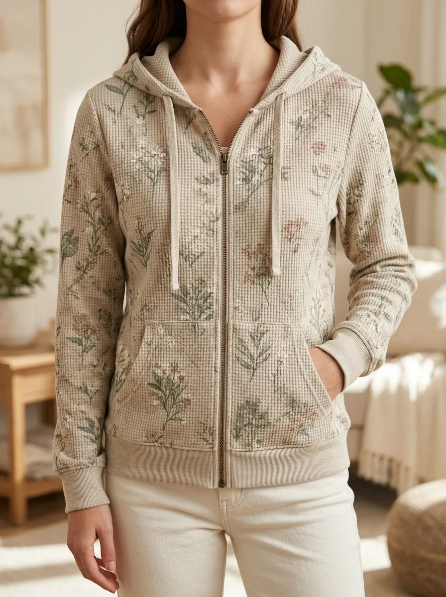 Women's Floral Botanical Signature Layout Waffle Zip-Up Hoodie