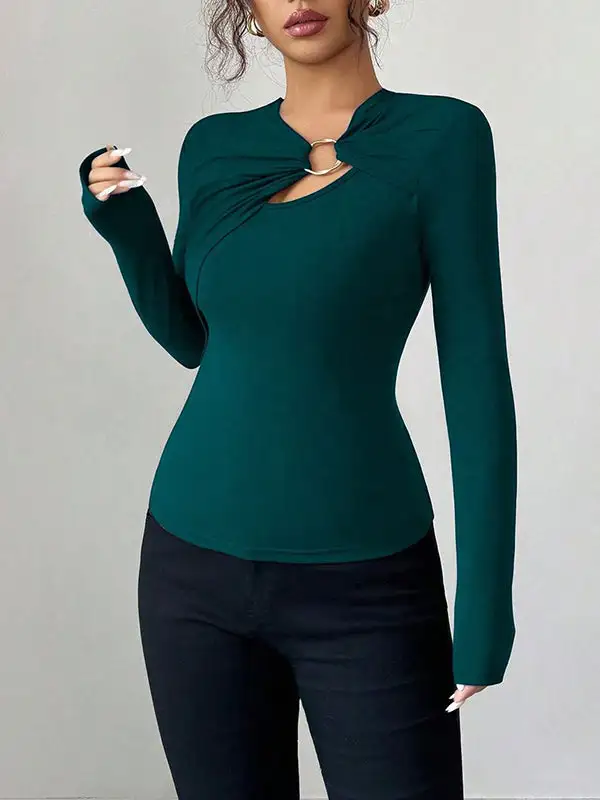 Long Sleeve Slim Fit Panel Detail Asymmetric Collar T-Shirt