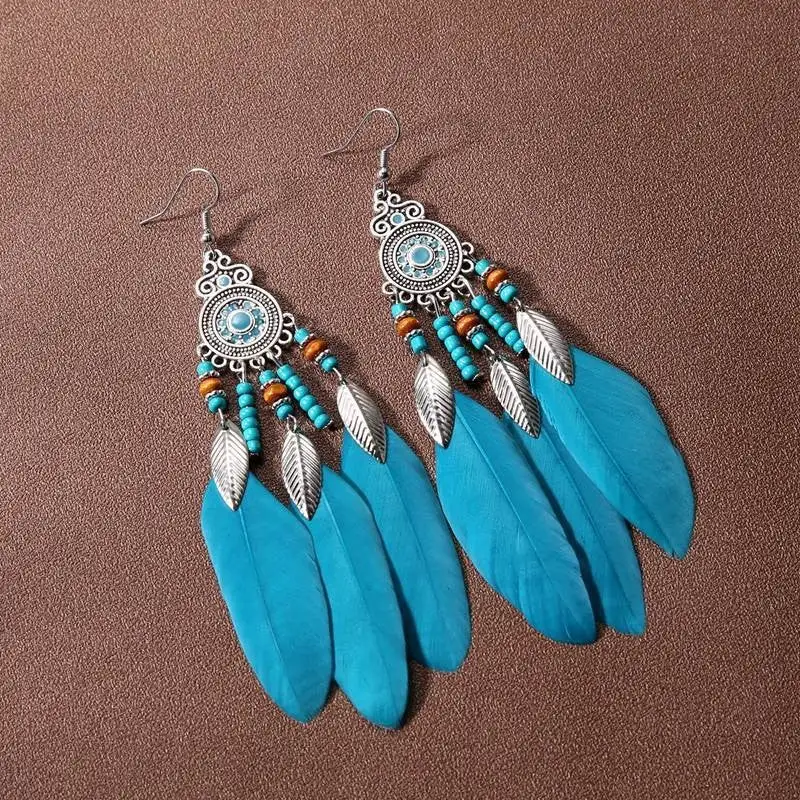 Statement Feather Beaded Tassel Drop Earrings