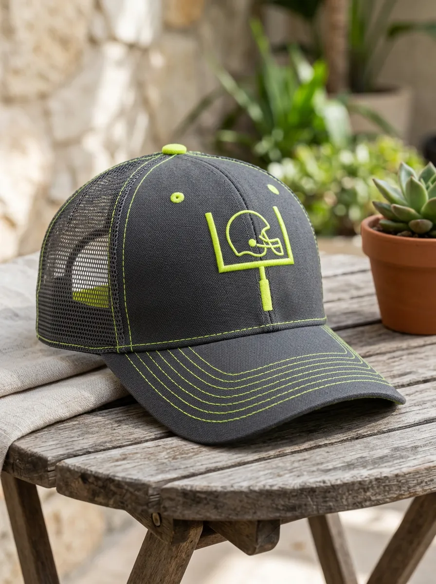 Men's Football Fan Neon Goalpost Helmet Embroidered Mesh Cap