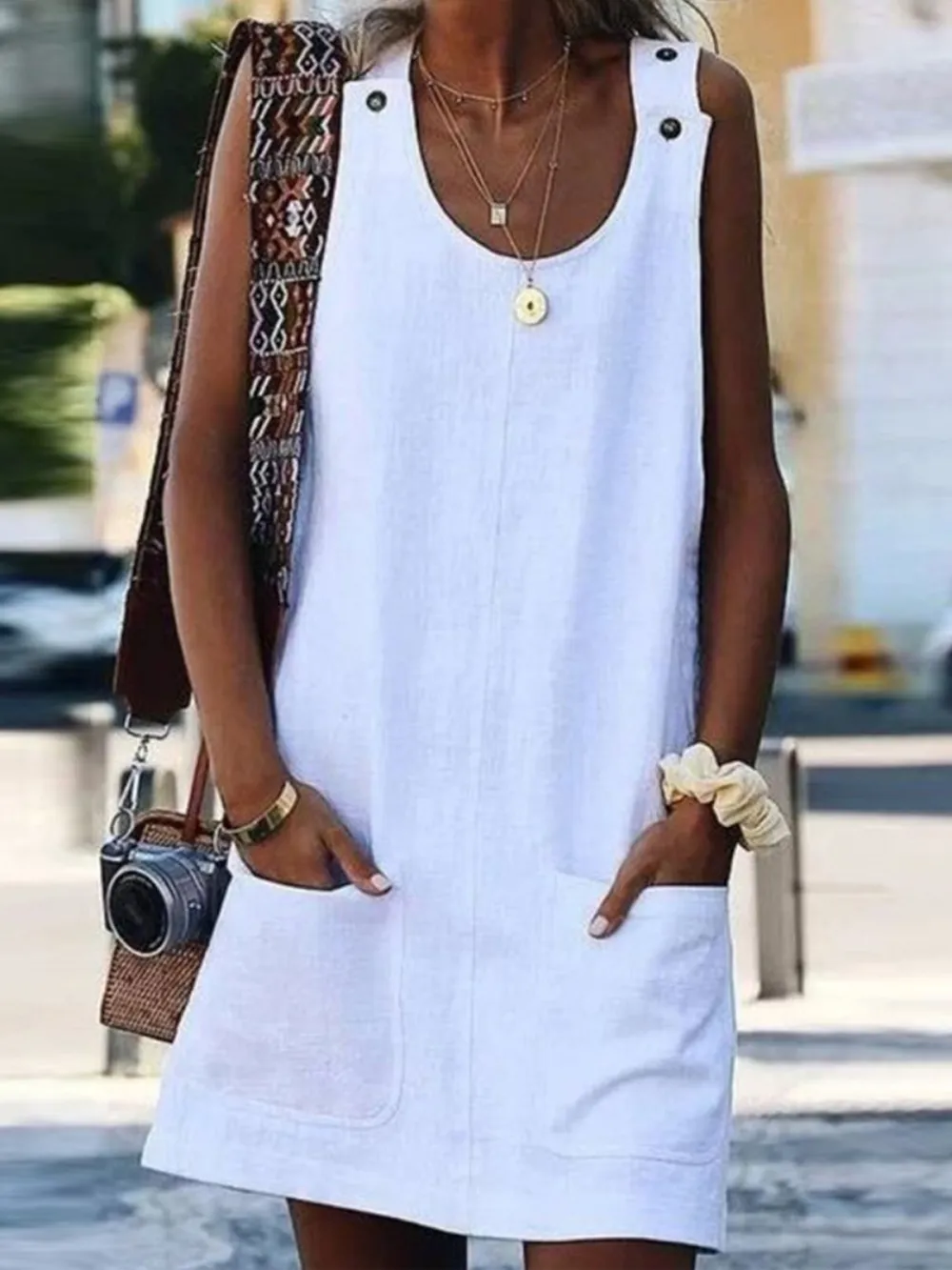 Women's Pure Color Strap Cotton Linen Dress