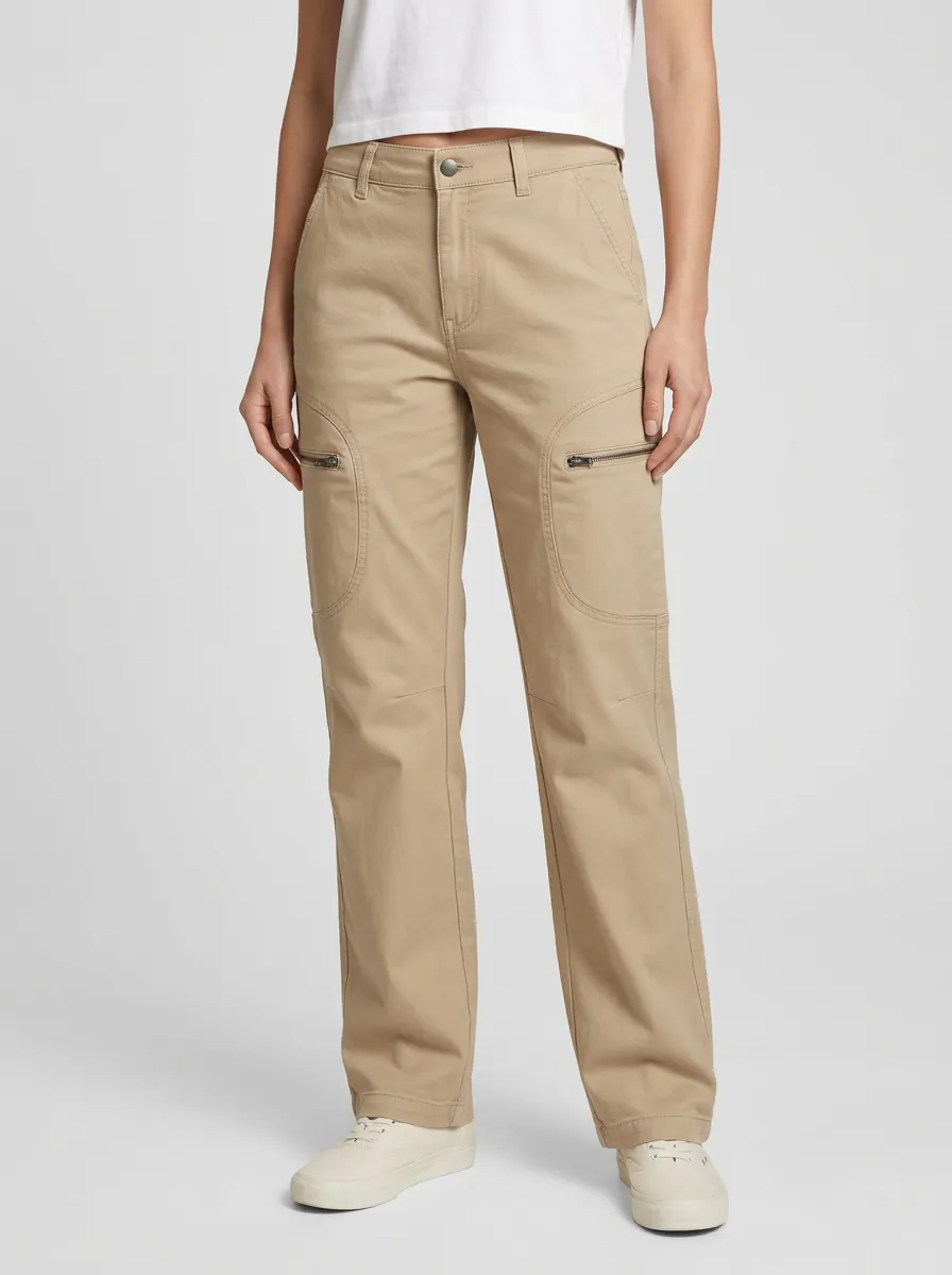 Women's Mid-Rise Horizontal Zip-Pocket Reinforced-Knee Straight-Leg Cargo Pants