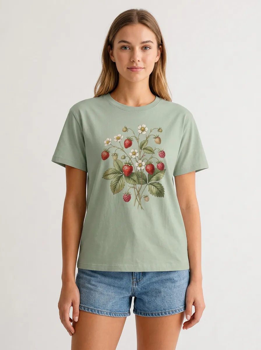 Women's Strawberry Graphic Crewneck T-Shirt Botanical-Graphic