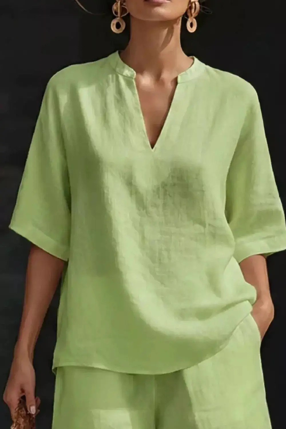 Relaxed Notched Half Sleeve Top and Shorts Set