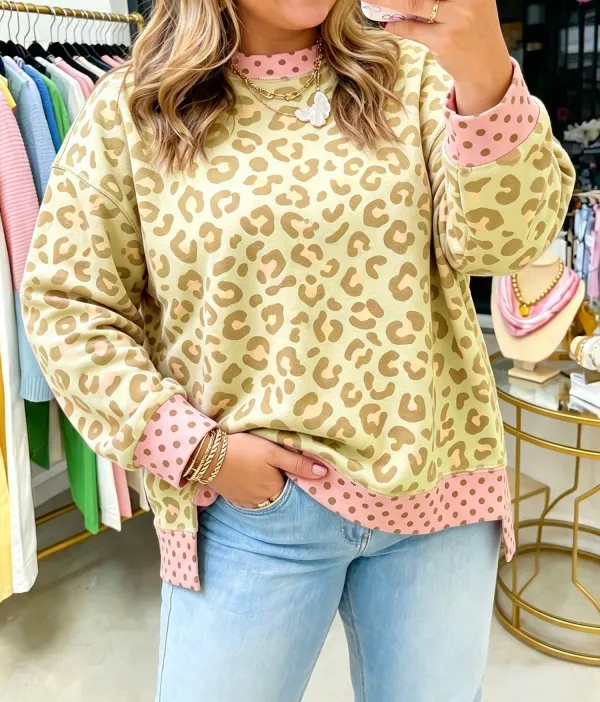 Polka Dot Contrast Trim Relaxed Stretch Fabric Long Sleeve Top