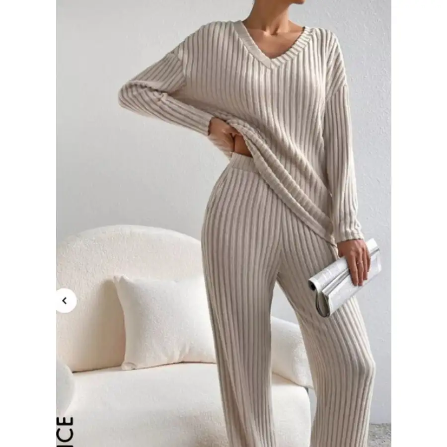Classic Ribbed Knit Long Sleeve Top and Pants Set